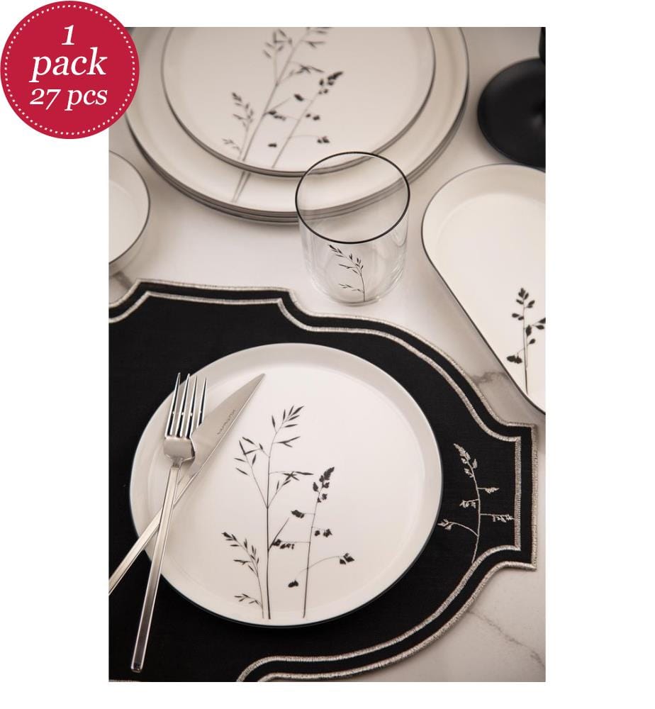 Service de Table 27 Pièces en Porcelaine - Blanc et Noir