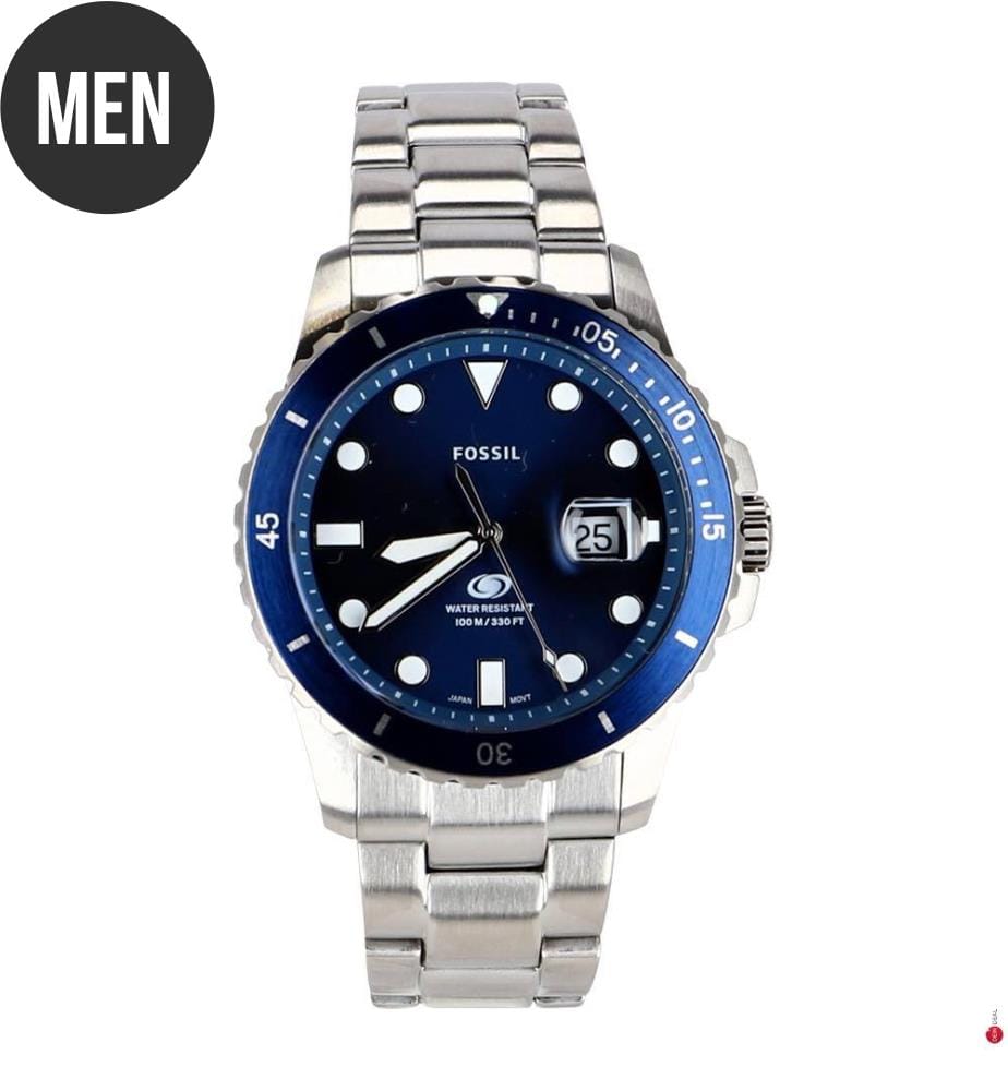 Blue Diving Watch 3 Hand Stainless Steel Movement - Silver