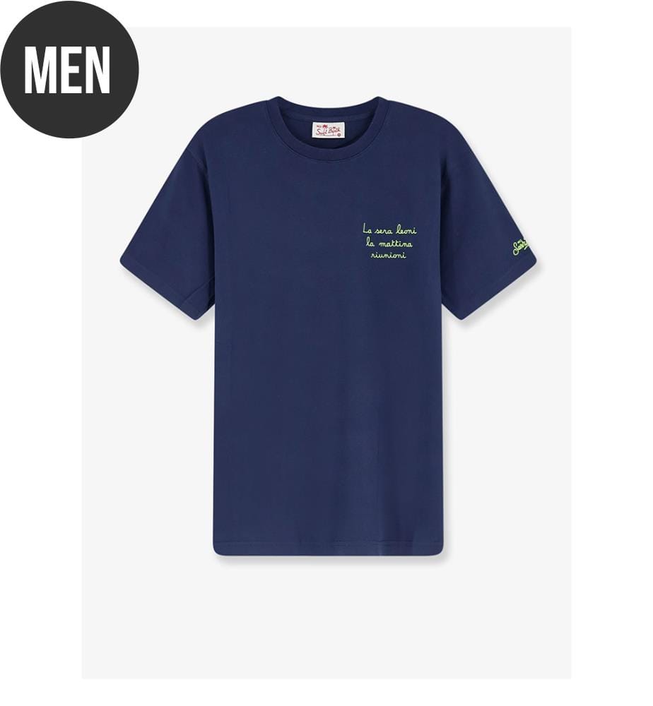 T-shirt in cotone Portofino con logo ricamato sul davanti - Blu