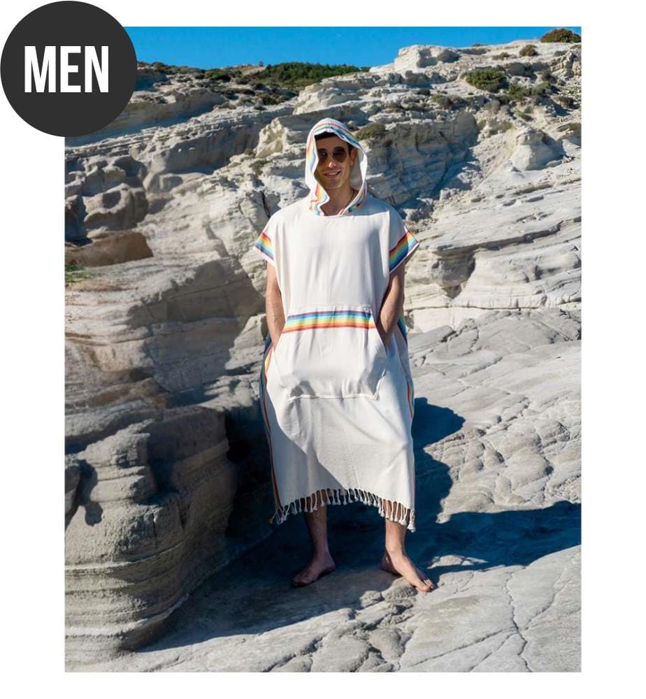 Herren Bambus-Baumwoll Poncho mit Kapuze für Strand & Pool 110x85 cm - Beige – Mehrfarbig
