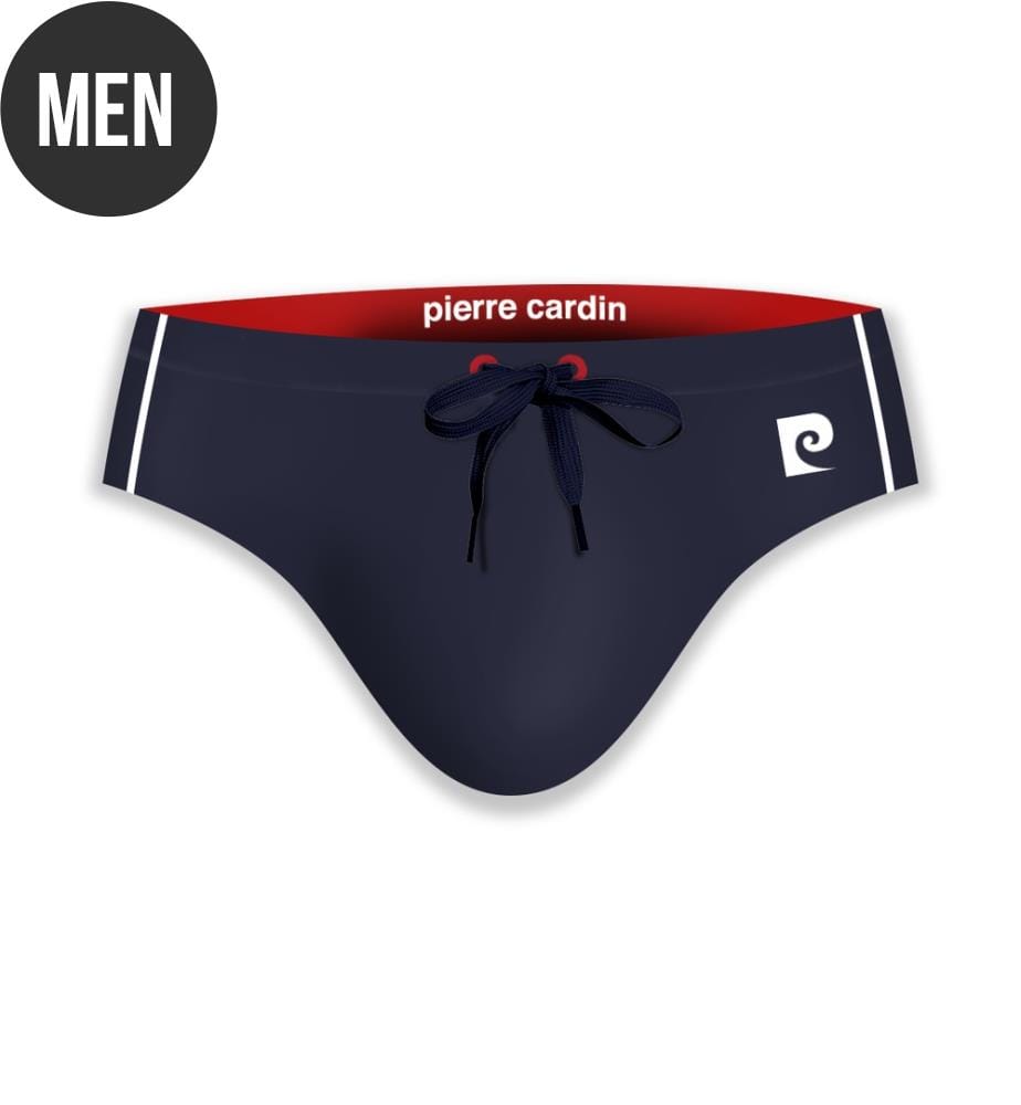 Logo- Navy blue and red swim trunks