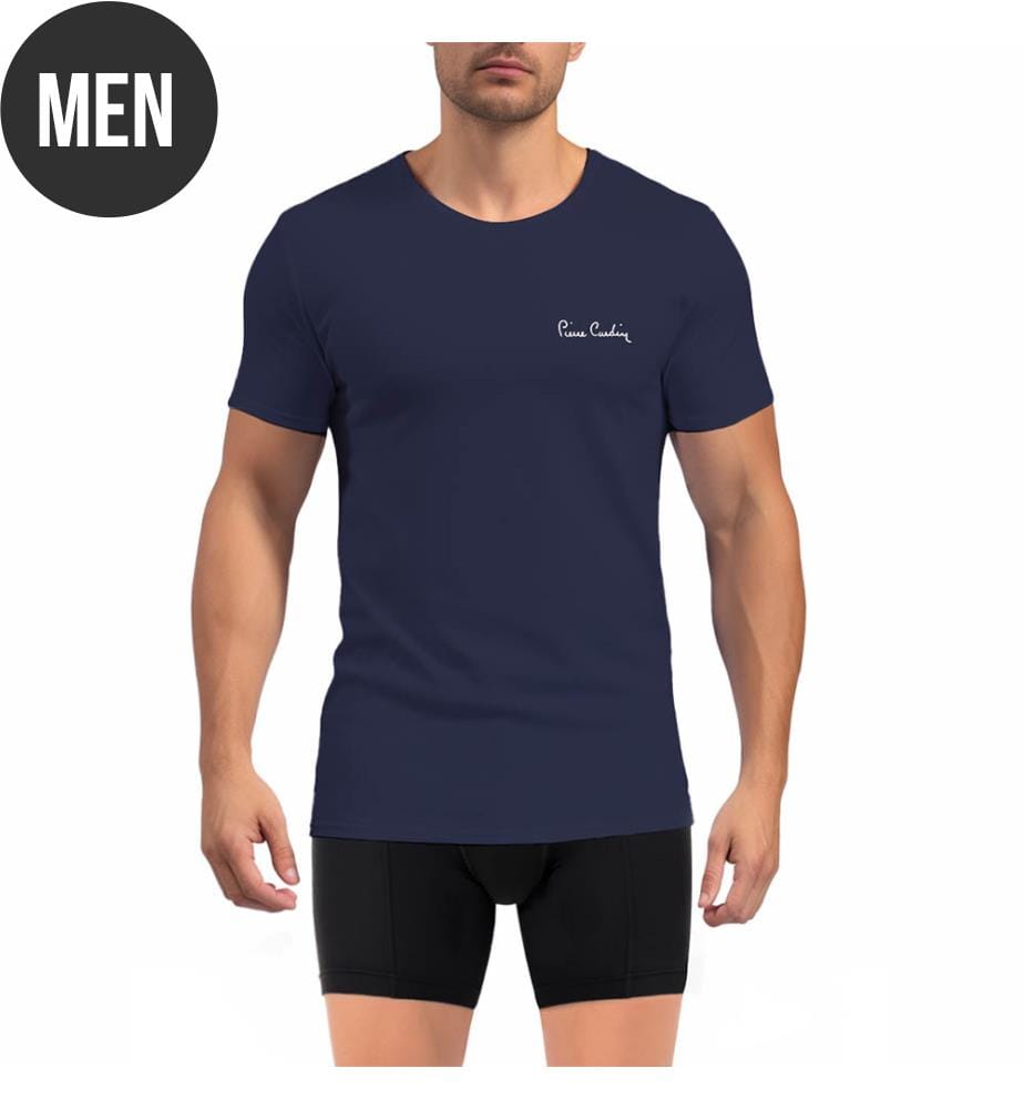 Men's round-neck T-shirt with signature embroidery on chest - Navy blue