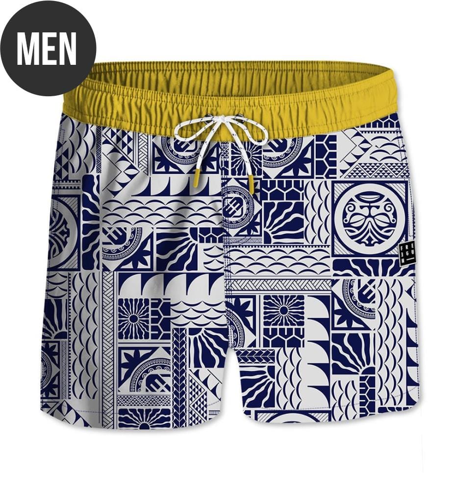 Tiki-Badeshorts – Weiss und Blau