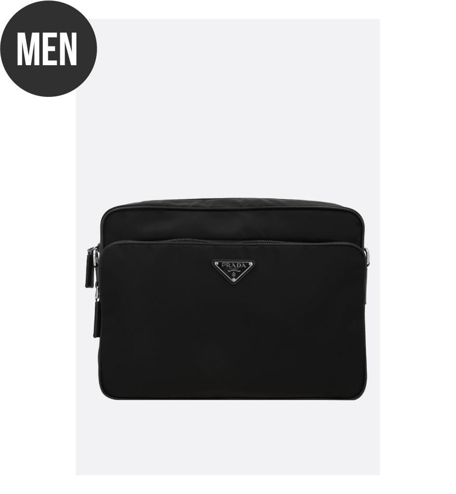 Borsa a tracolla in Re-Nylon e pelle Saffiano - Nera