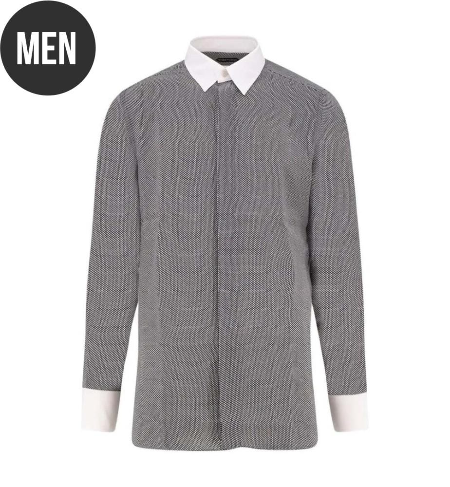 Camicia con stampa grafica "Sharkskin", nuovo colletto fluido e polsini a contrasto - Bianco e nero