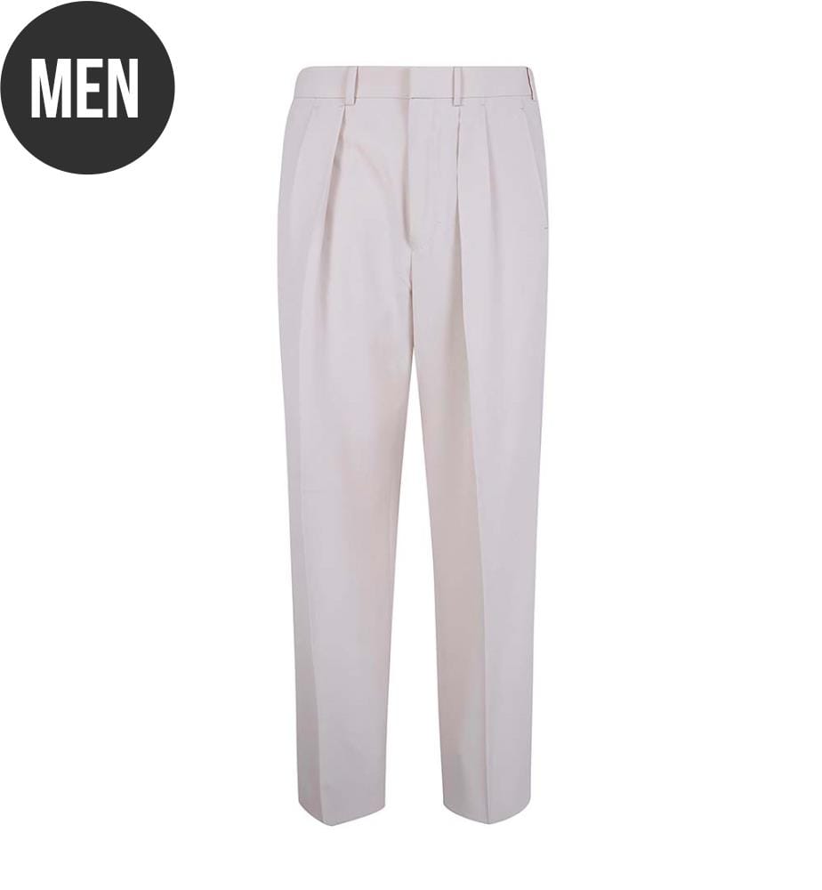 Pantaloni in lana, cashmere e seta con trama a righe e doppia piega - Avorio