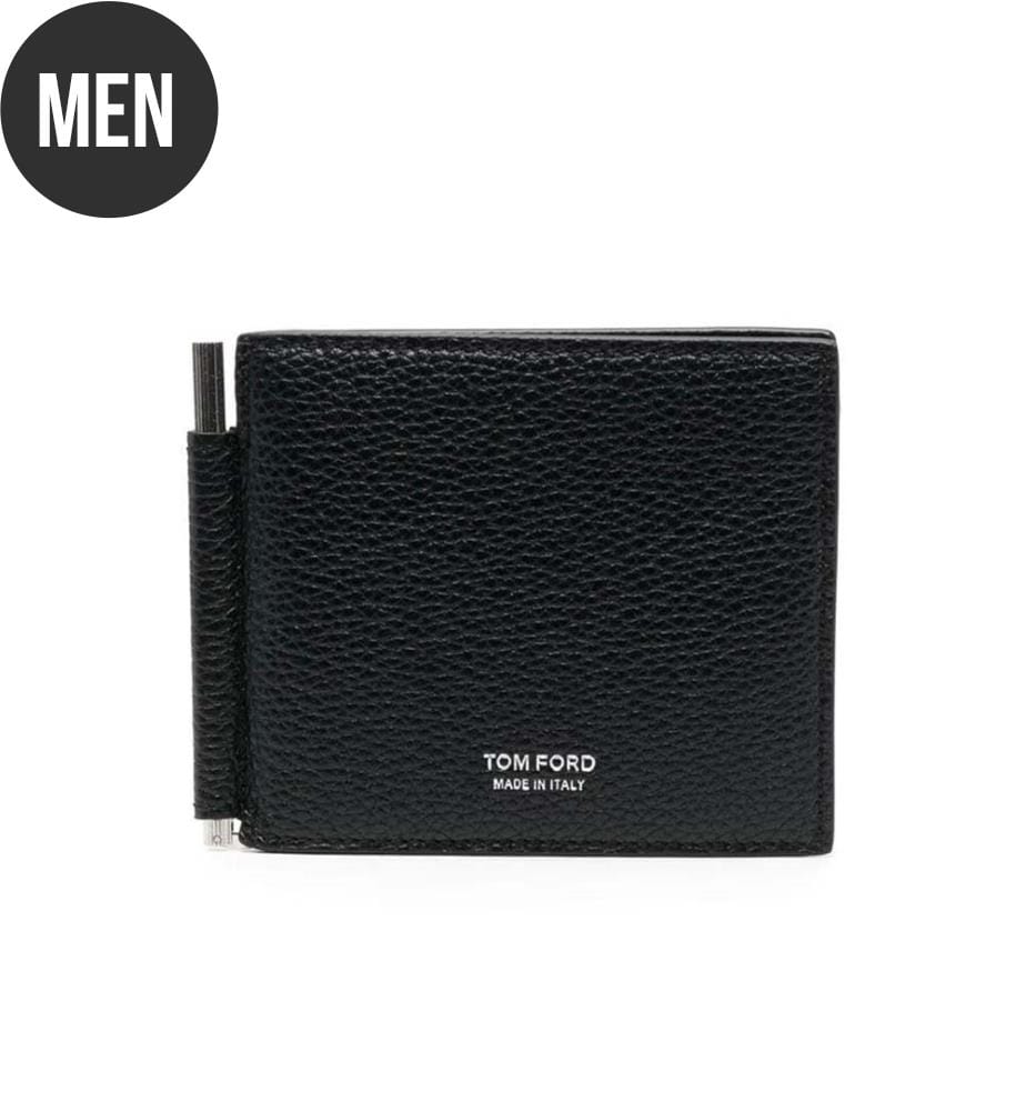 Portefeuille avec pince à billets en cuir grainé  - Noir