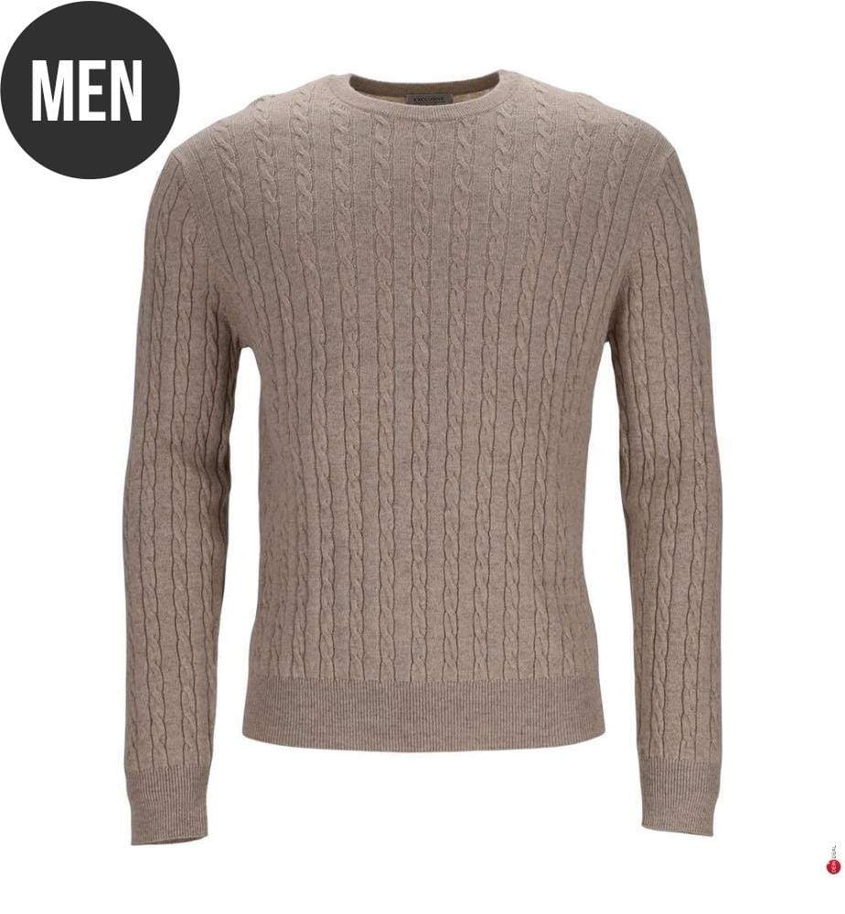 Pullover mit Rundhalsausschnitt und Zopfmuster – Beige meliert