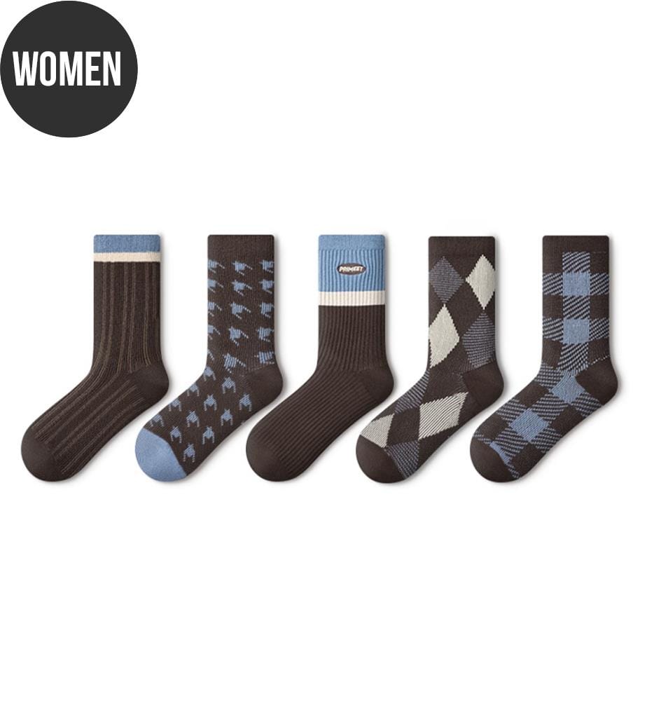 Classic Brown & Blue Patterned Mid-Calf Socks – 5-Pair All-Season Crew Set