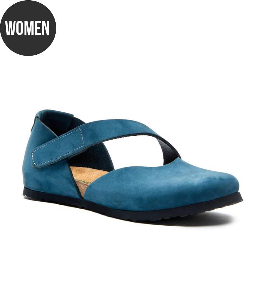 Flache Lederschuhe mit Korkfussbett - Navy-Nubuk