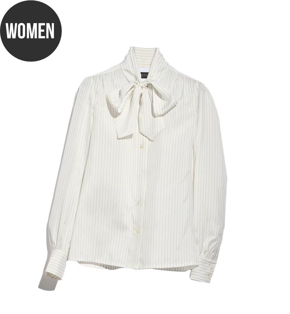 Chemise en soie à rayures avec noeud - Blanc et bleu clair