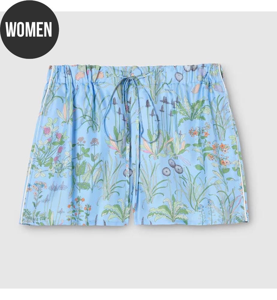 Bedruckte Shorts aus Seidenköper - Azurblau und Elfenbein