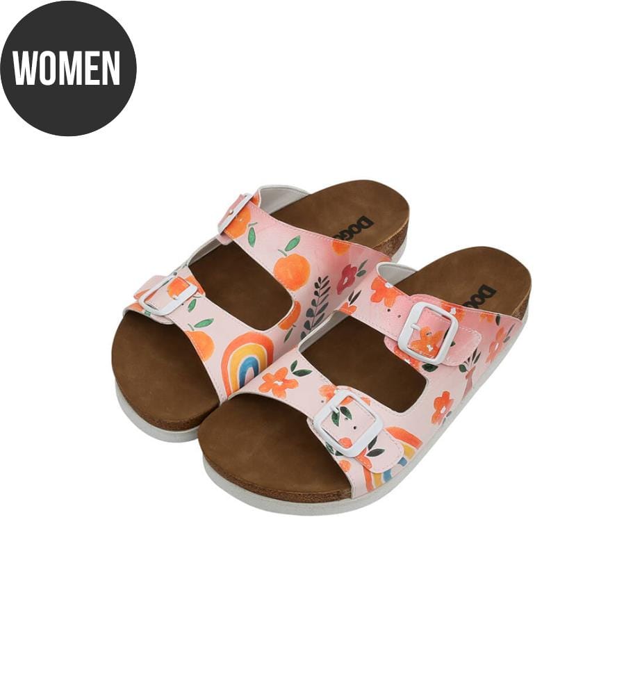 Chaussons en cuir végétalien rose - motifs de fleurs et de fruits
