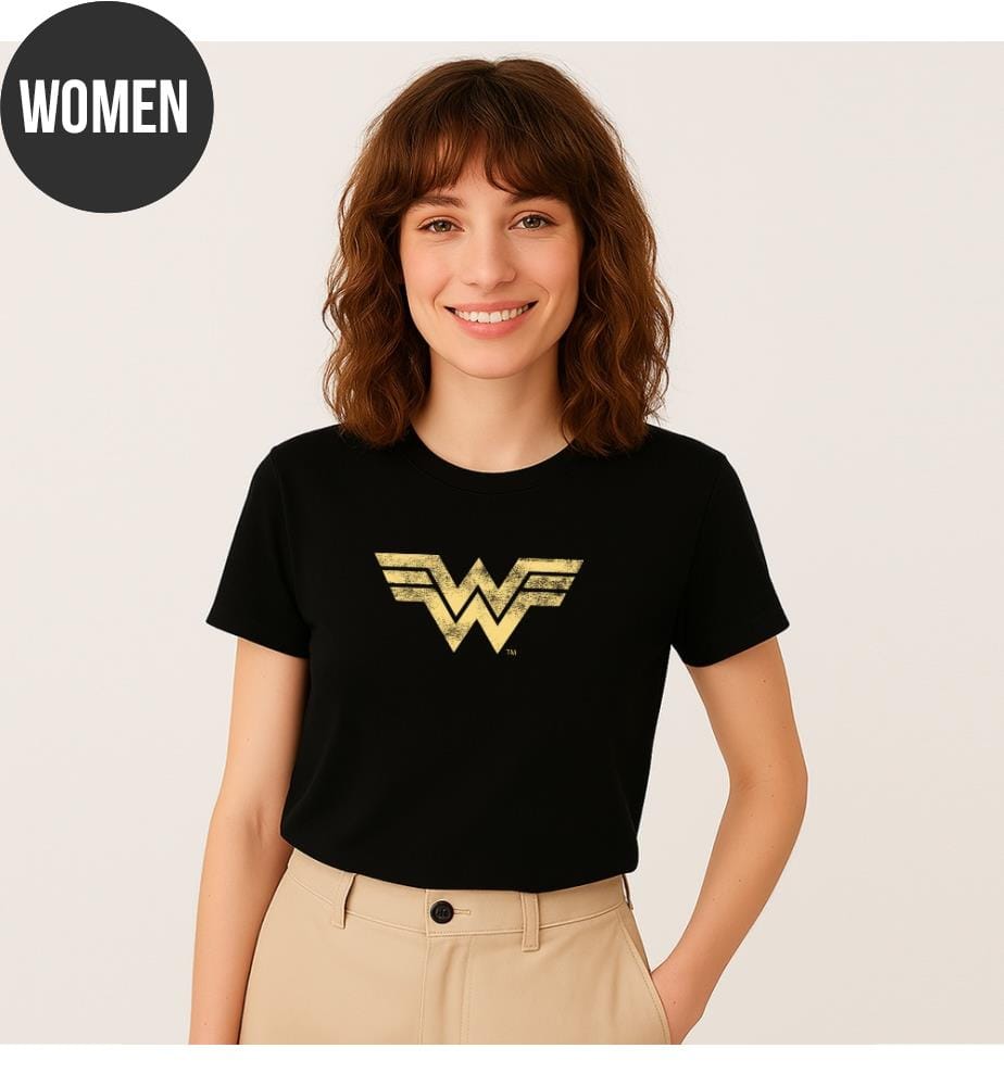 Schwarzes T-Shirt mit Wonder Woman-Logo im Vintage-Stil