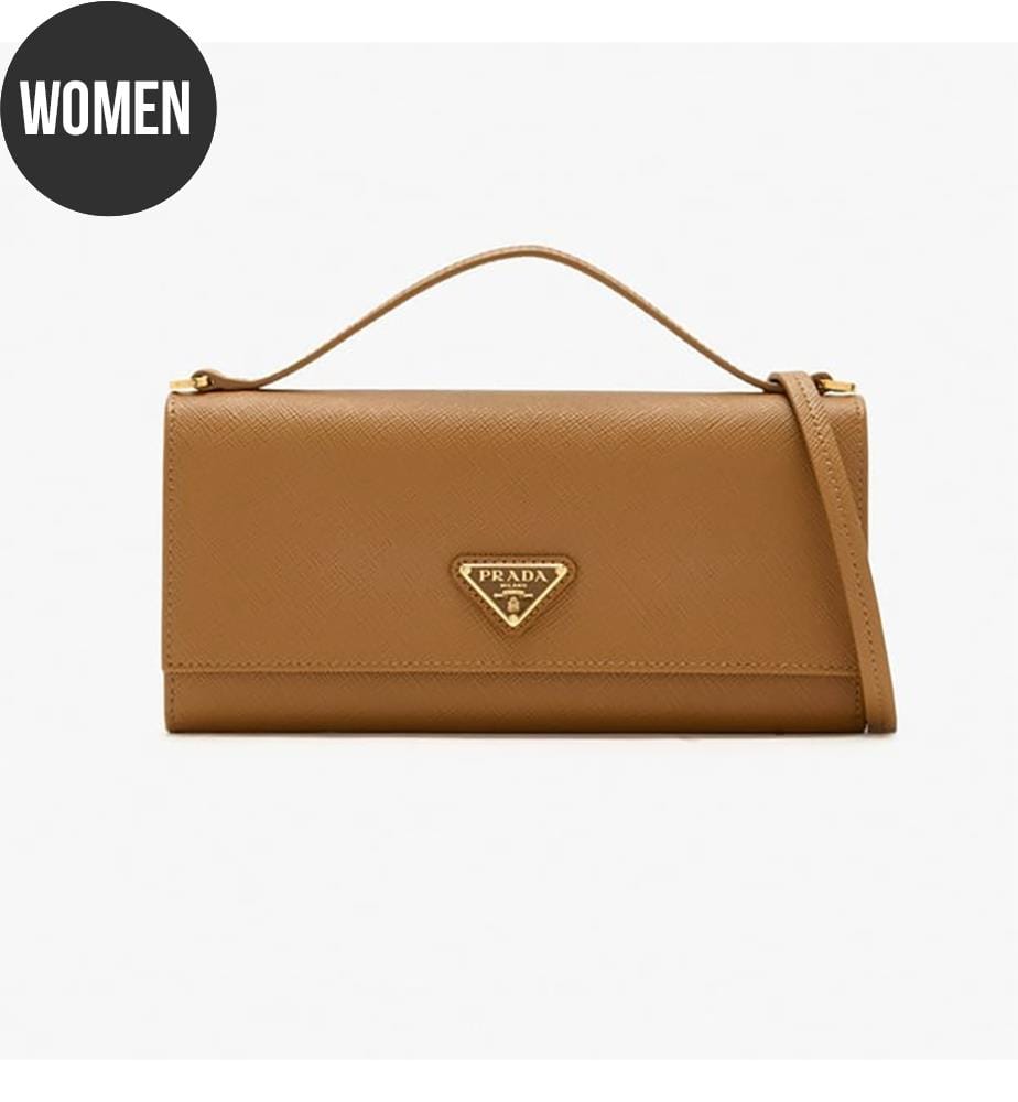 Portefeuille en cuir Saffiano avec lanière - Caramel
