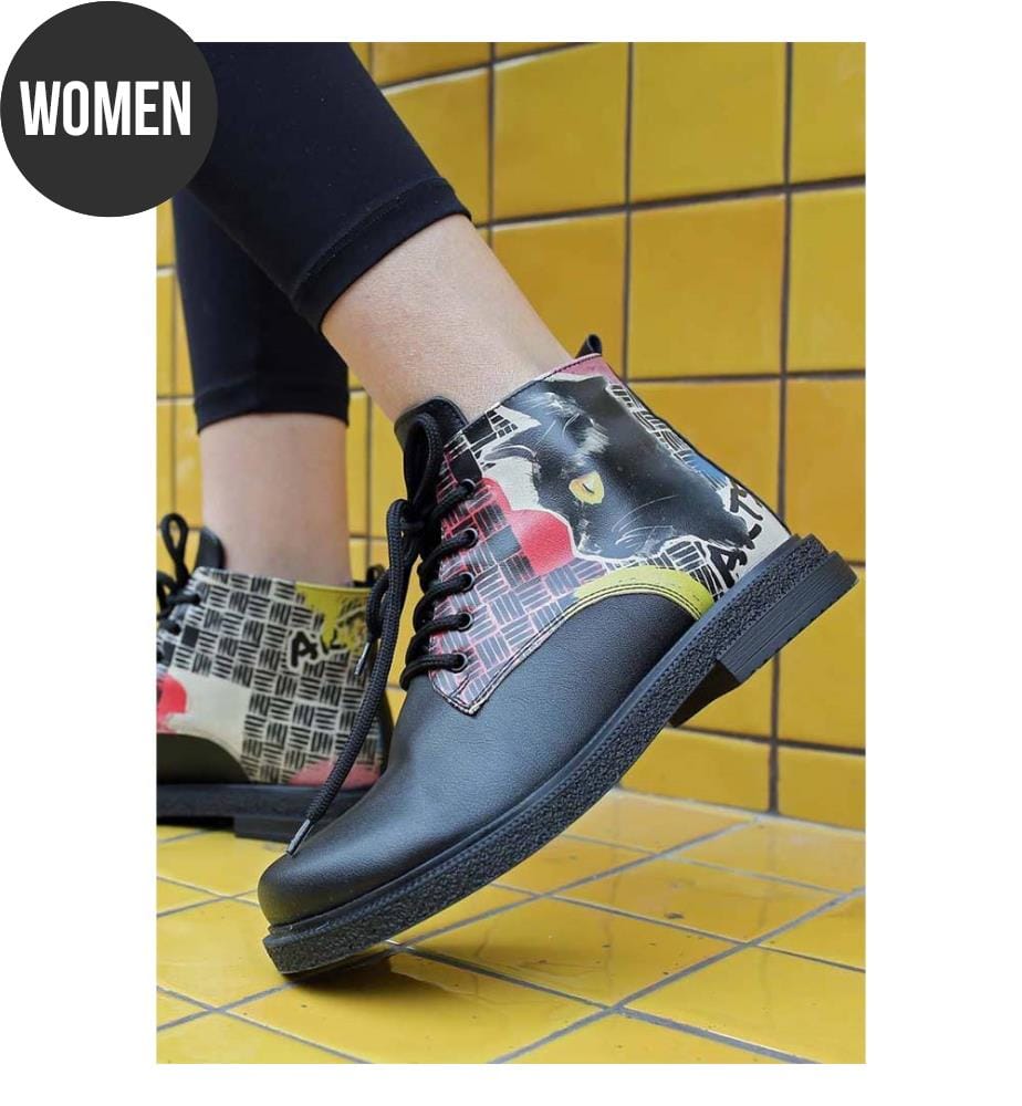 Bottines en Cuir Végétalien noir - Artsy Cat Collage Design
