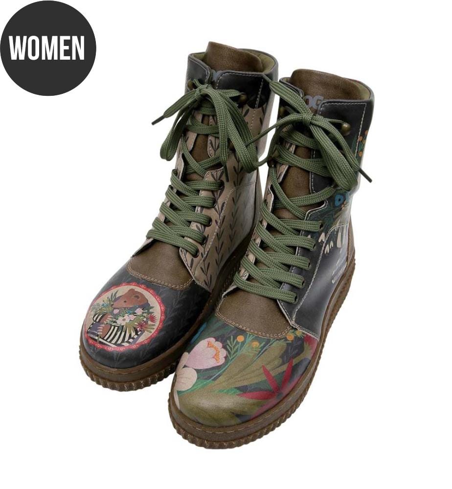 Khakifarbene lange Stiefel aus Vegan-Leder - Bären- und Blumendesign