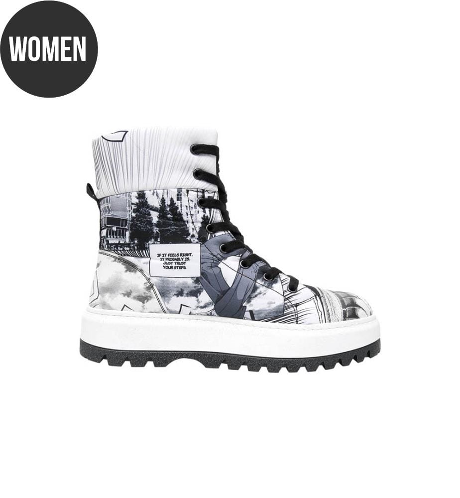 Vegane Damen-Langstiefel in Weiss – „Hero of Our Story“-Motiv