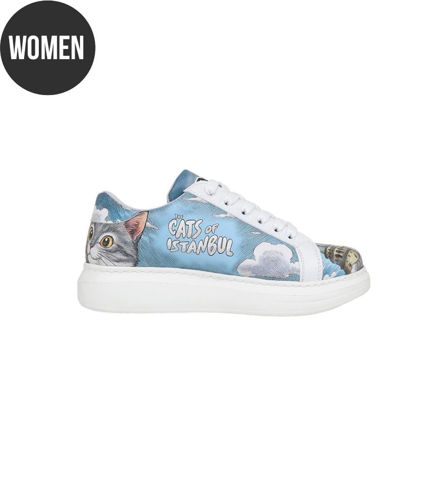 Weisse vegane Leder-Sneaker für Damen – Galata Cat-Motiv