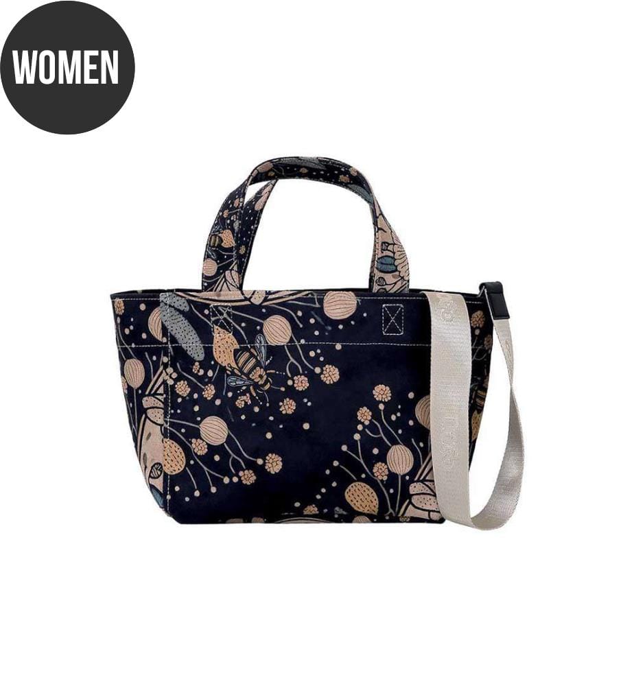 Vegan Leather Black Medium Tote Bag - Bee with Flowers