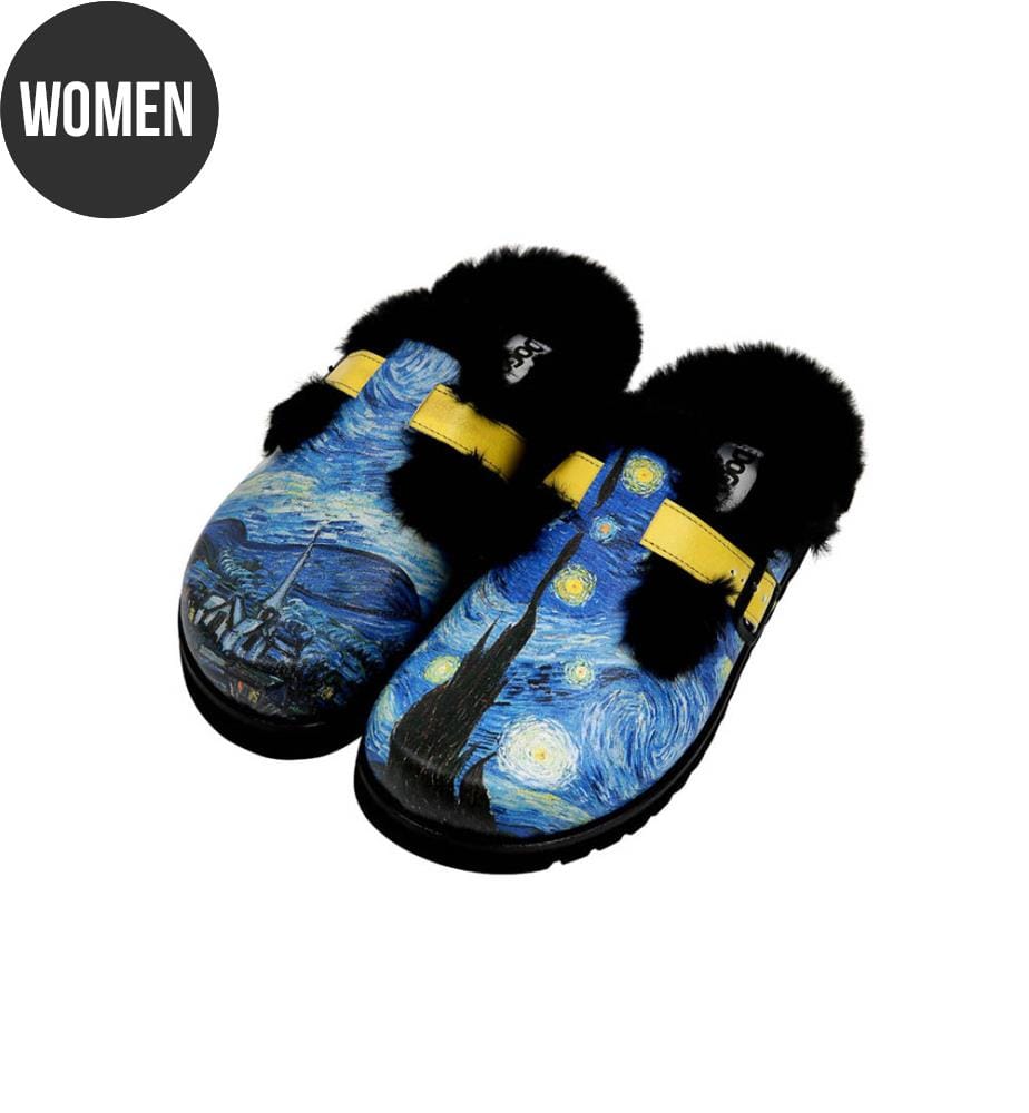 Vegane Damen-Lederpantoffeln in Blau, mit Plüsch gefüttert – Motiv: Vincent van Gogh, „Die Sternennacht“