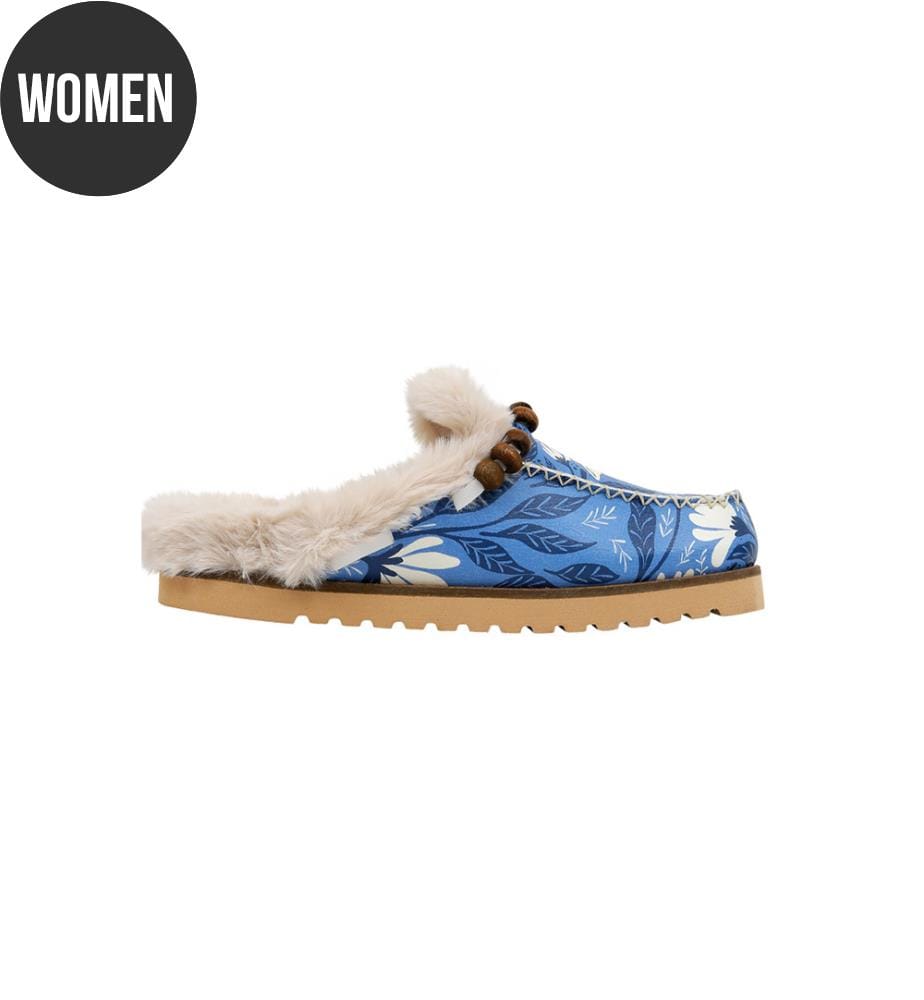 Chaussons pour femme en simili cuir, doublés de peluche bleue - Motif Bunny Bloom