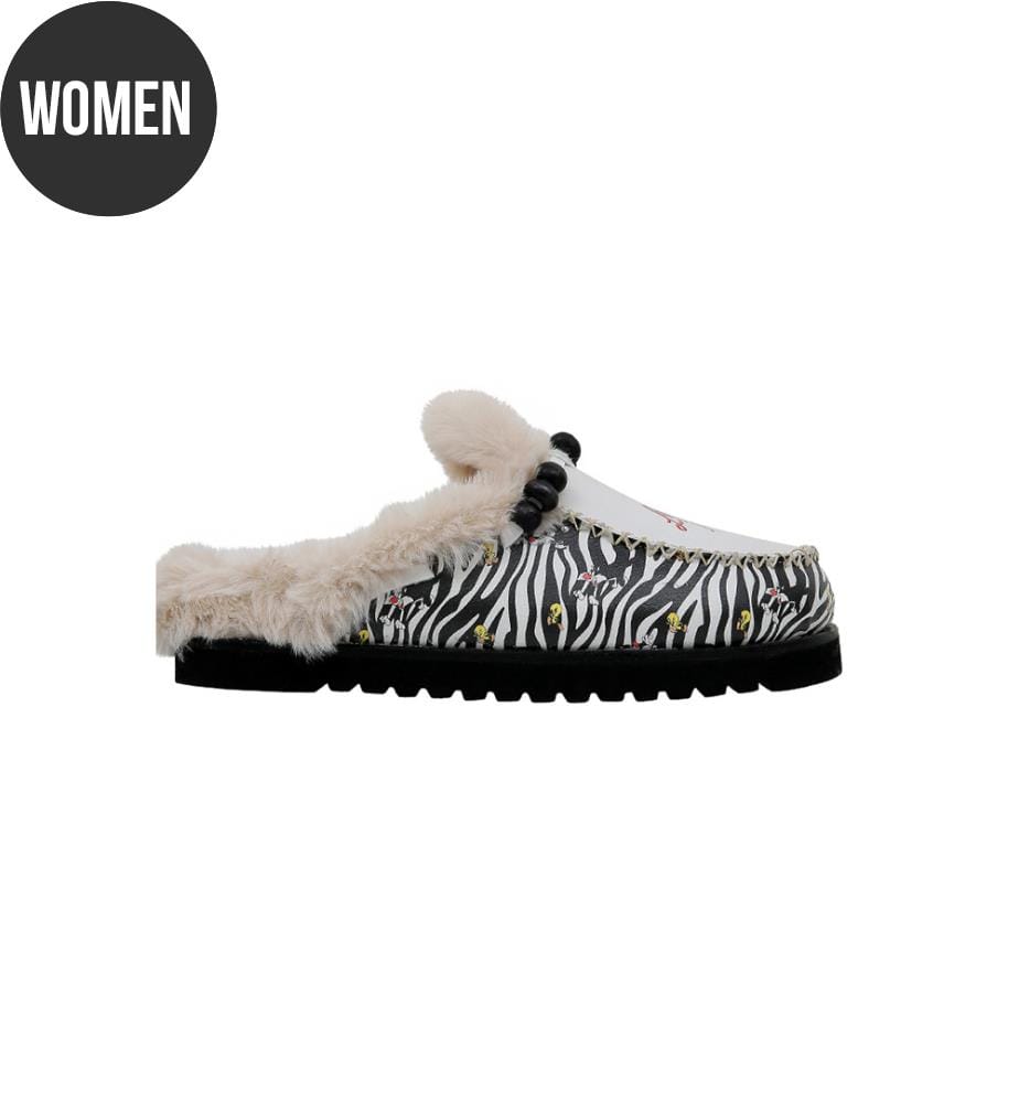 Vegane Damen-Lederhausschuhe in Creme, mit Plüsch gefüttert – Warner Bros. Zebra Tunes-Motiv