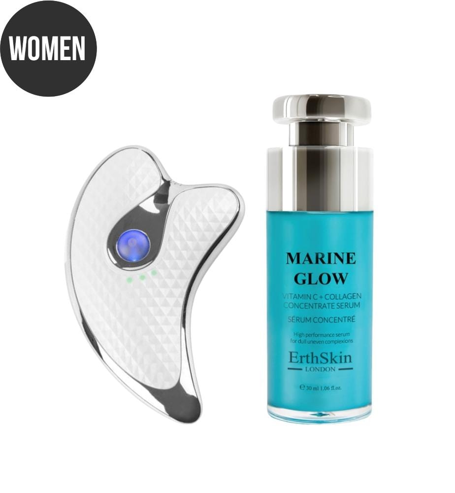 Guasha-Massagegerät mit Schallvibrationen und Mikroströmen + „Marine Glow“-Konzentrat mit Vitamin C und Kollagen, 30 ml","detected_source_language":"FR