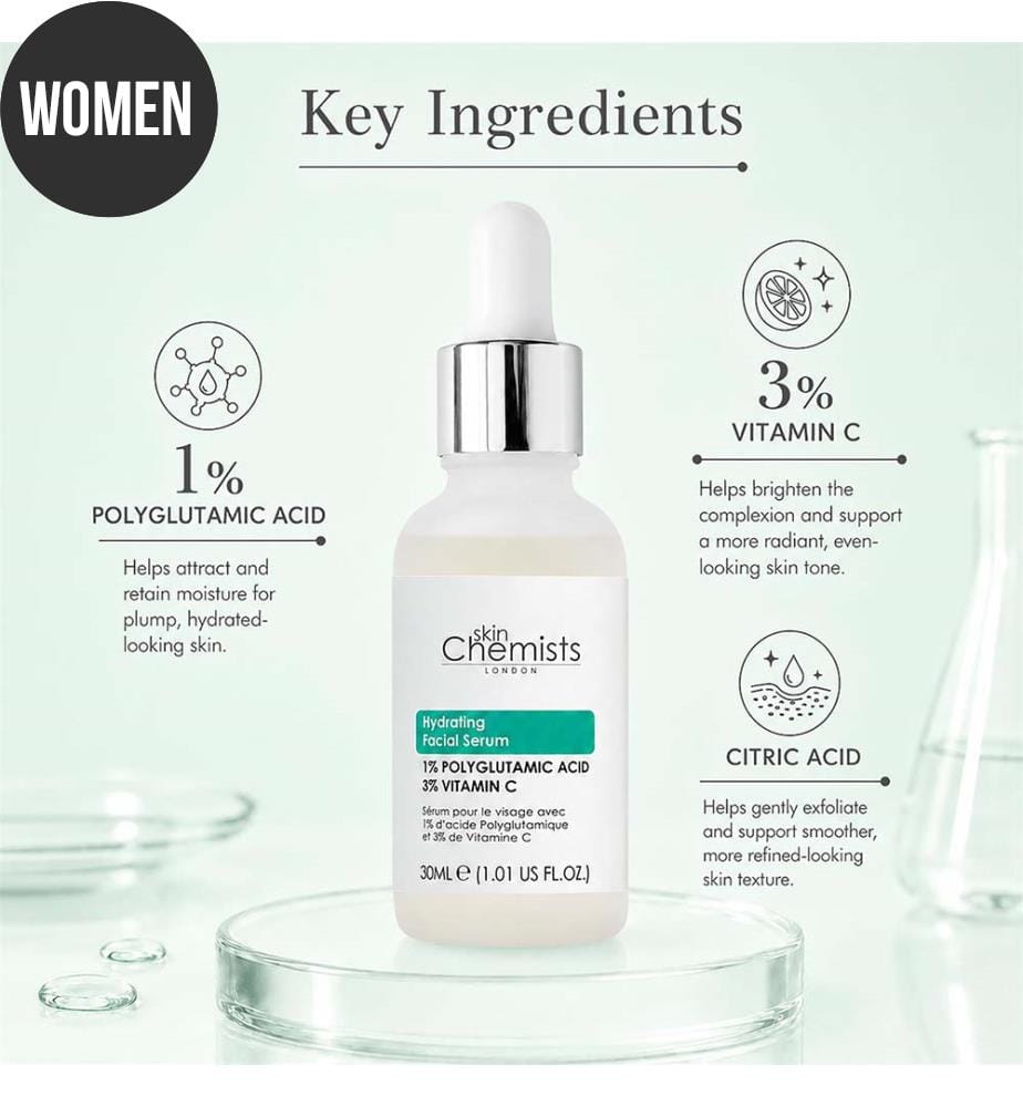 skinChemists Hydrating Polyglutamic Acid, Vitamin C Facial Serum for Glowing Skin 30ml