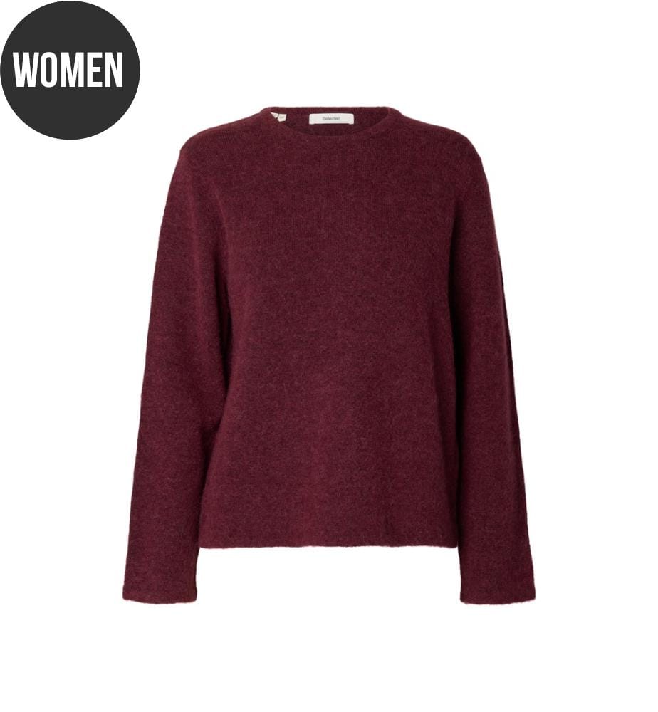 Rundhals-Strickpullover – Rot-beige meliert