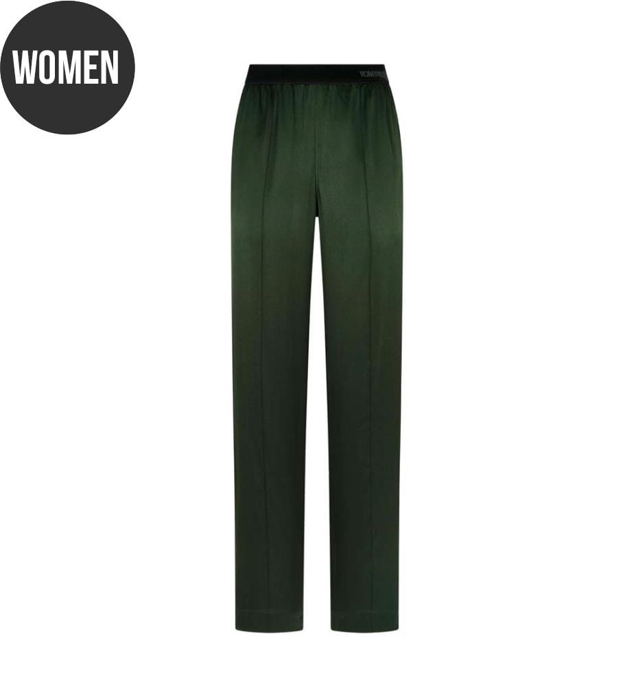 Pantaloni da pigiama in raso di seta elasticizzato - Verde muschio