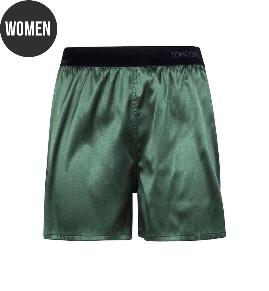 Pantaloncini da pigiama in raso di seta elasticizzato - Verde muschio