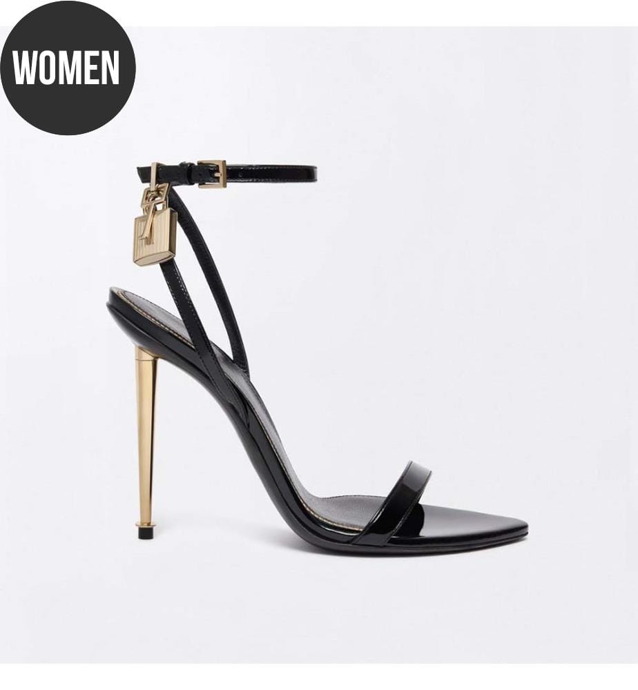 Sandales nues à bout pointu avec cadenas en cuir brillant - Noir