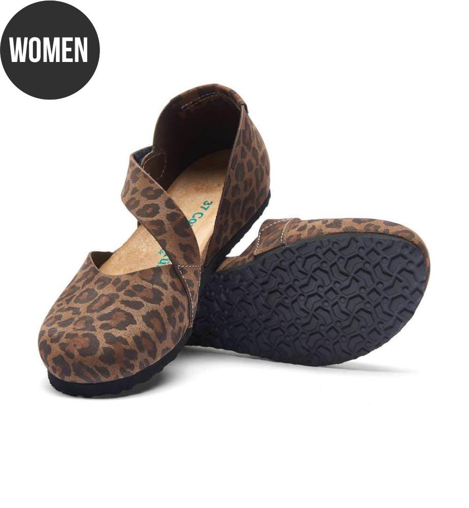 Flache Lederschuhe mit Korkfussbett - Leopard-Nubuk