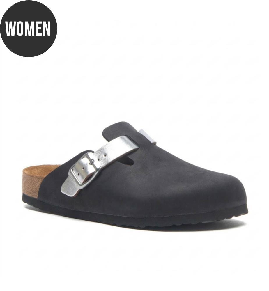 Lederclogs mit anatomisch geformtem Korkfussbett - Schwarz-Silber