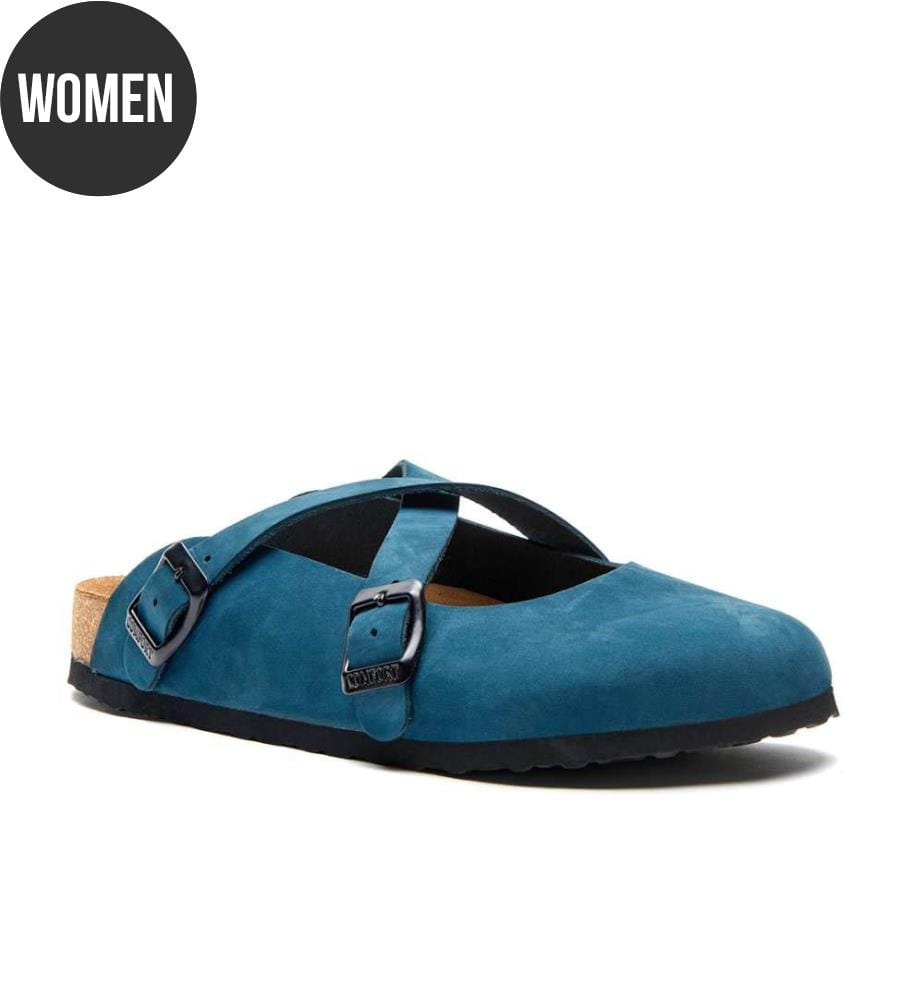 Lederclogs mit anatomisch geformtem Korkfussbett - Navy-Nubuk