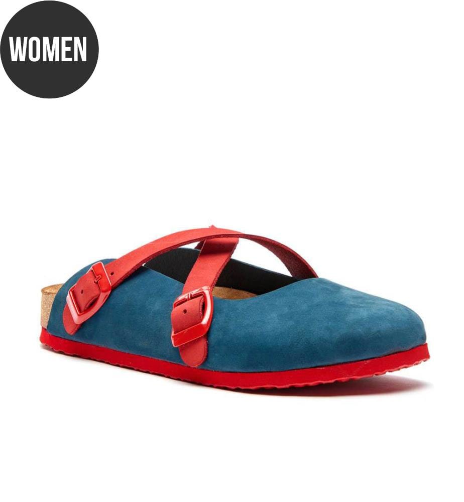 Lederclogs mit anatomisch geformtem Korkfussbett - Navy-Rot-Nubuk
