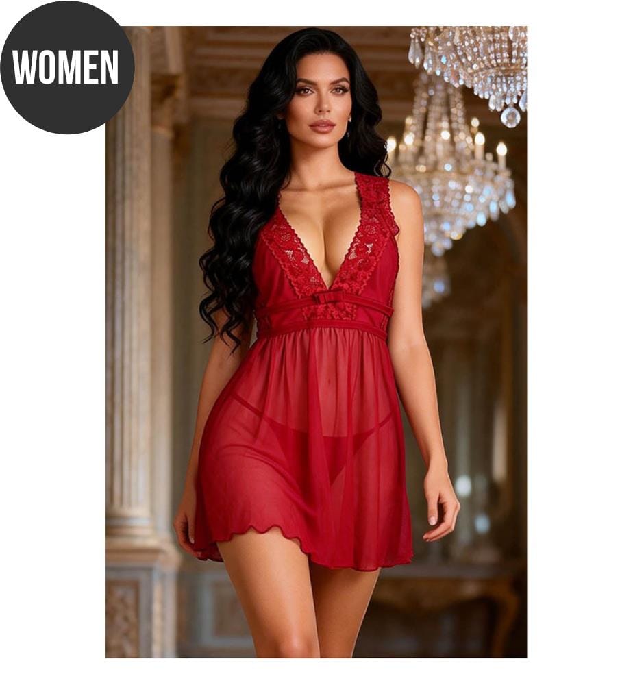 Camicia da notte con scollo a V in rete - Bordeaux