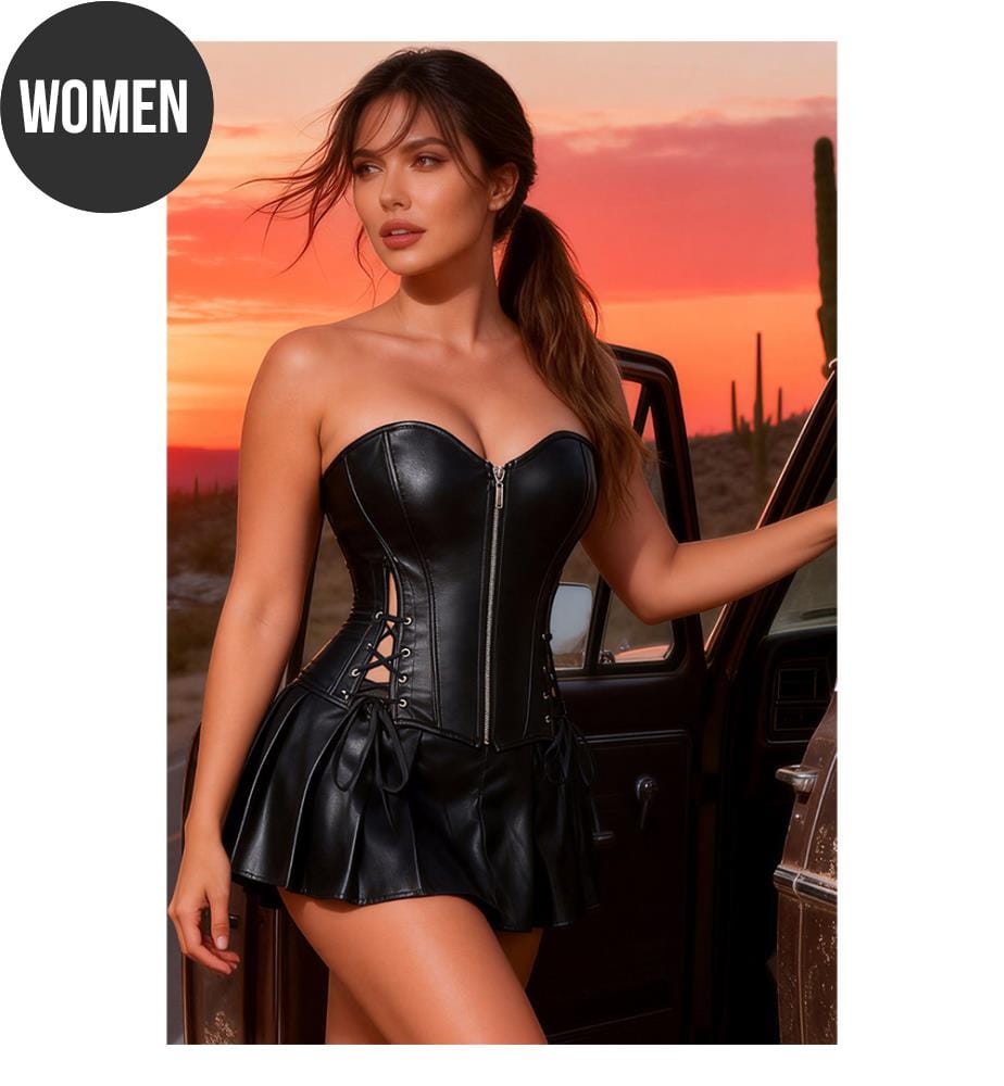 Lederkorsett mit Kleid - Schwarz
