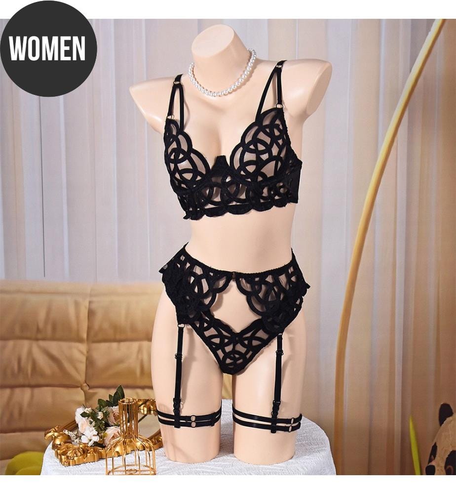 Elegantes 3-teiliges besticktes Mystery-Set - Schwarz