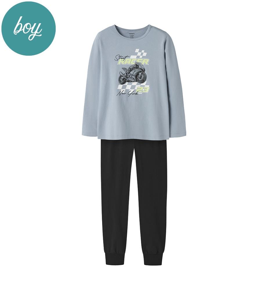 Pyjama-Set - Staubiges Blau mit schwarzer Hose