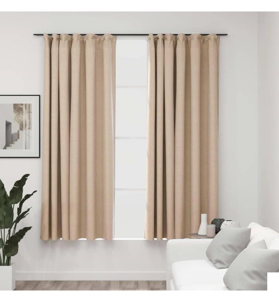 Rideaux occultants aspect lin et crochets 2 pcs Beige 140x175cm