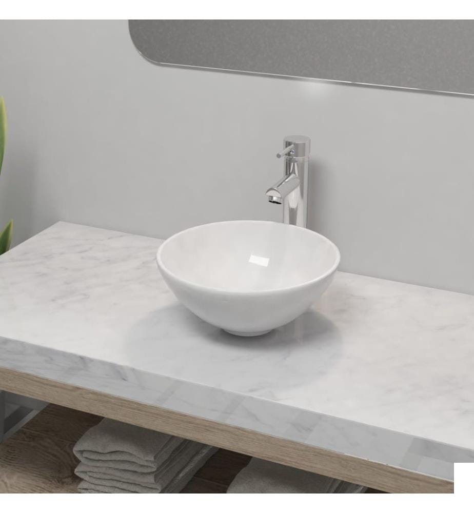 Lavabo de salle de bain avec mitigeur Céramique Rond Blanc