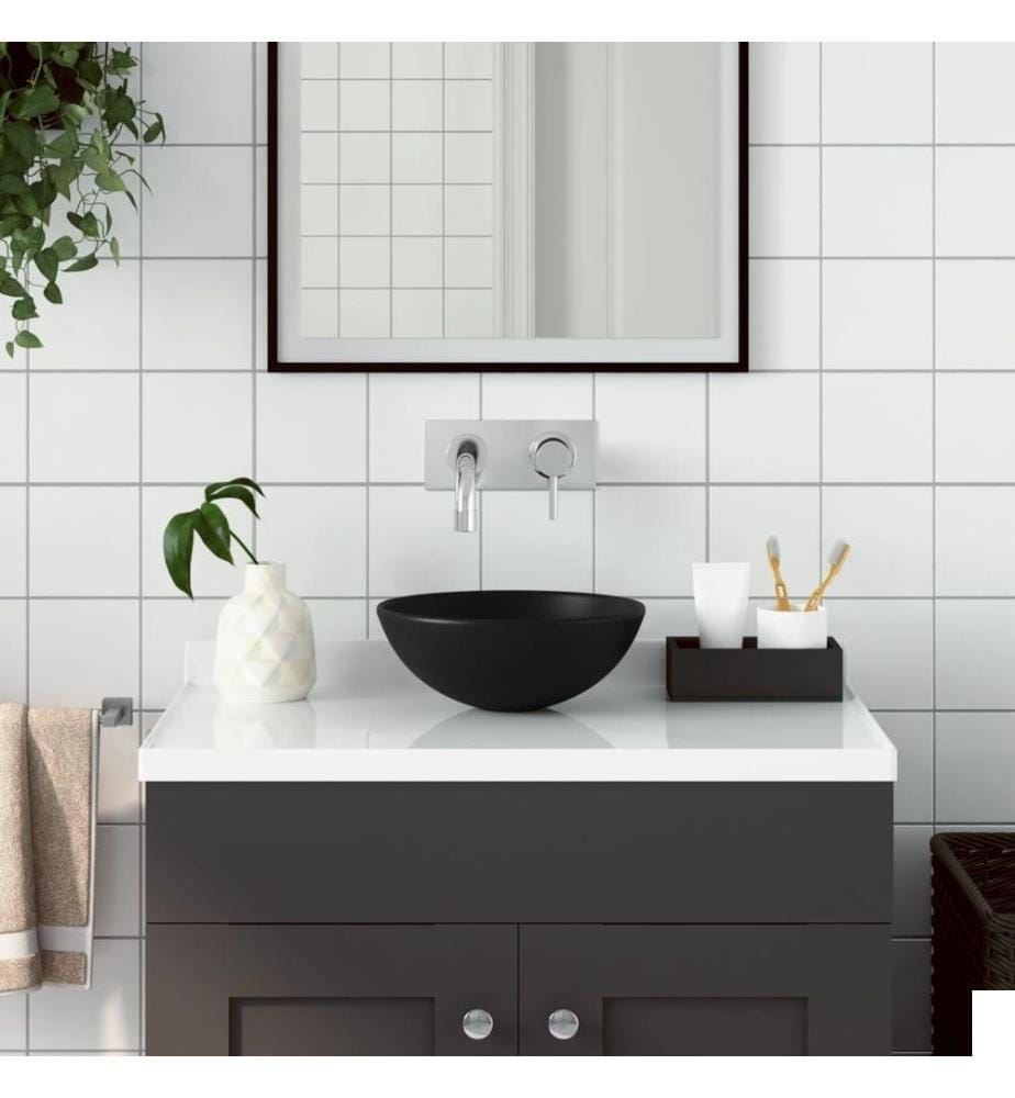 Lavabo de salle de bain Céramique Noir mat Rond