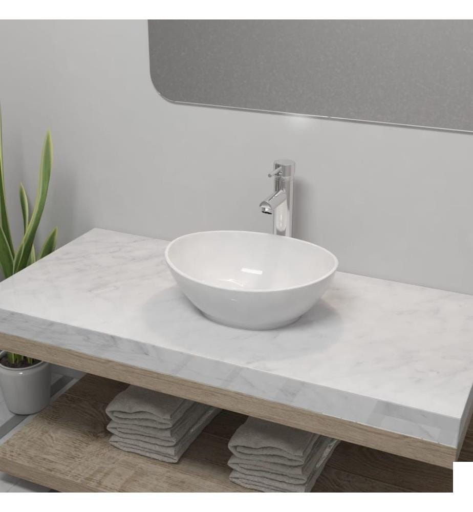 Lavabo de salle de bain avec mitigeur Céramique Ovale Blanc