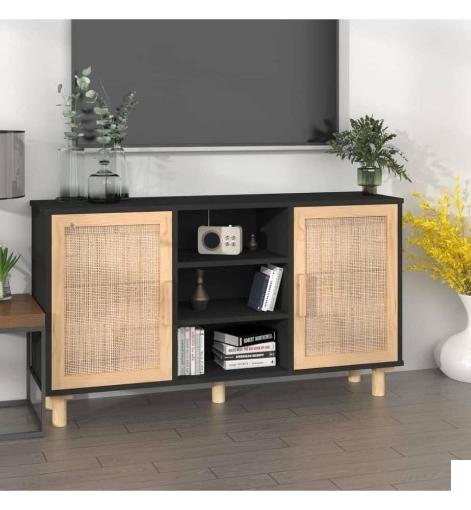 Buffet Noir 105x30x60 cm Bois de pin massif et rotin naturel