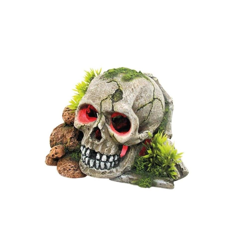 NOBBY - Aqua Ornaments Crâne avec plantes/LED 15.5 x 13.3 x 9.5 cm
