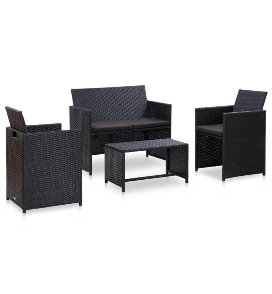 Salon de jardin 4 pcs avec coussins Résine tressée Noir