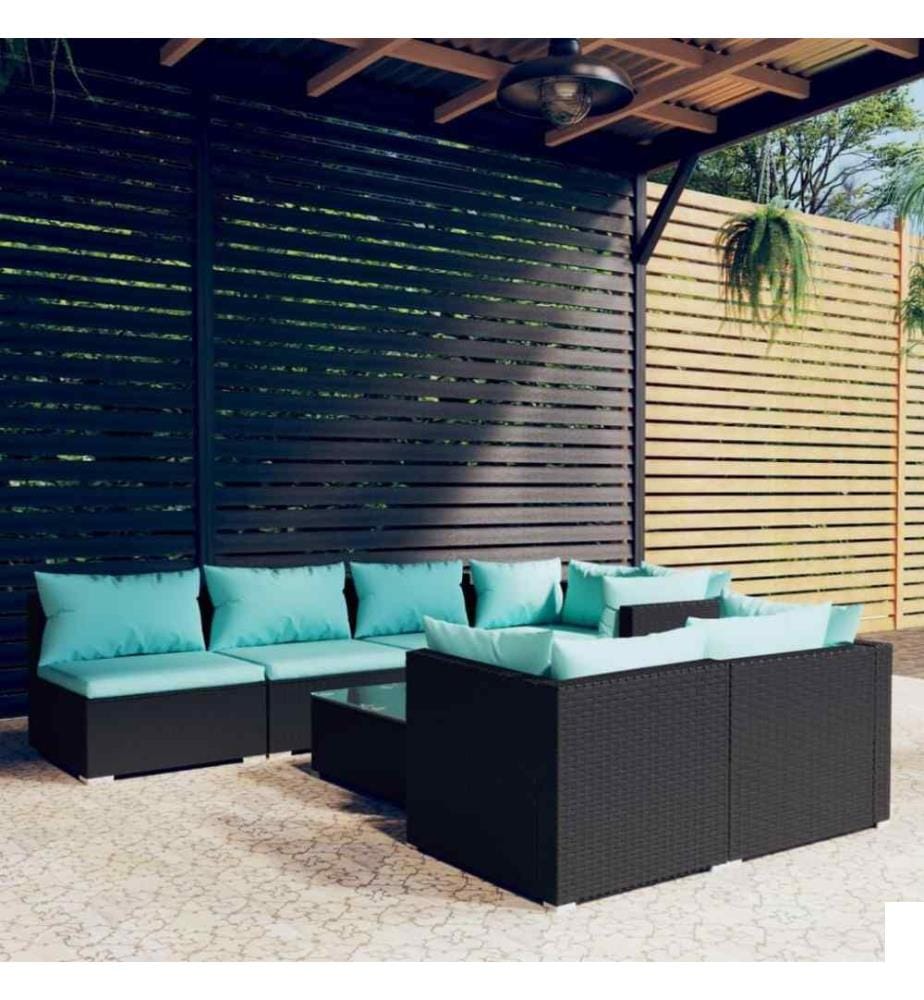 Salon de jardin 8 pcs avec coussins Noir Résine tressée