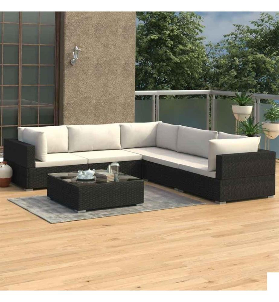 Salon de jardin 6 pcs avec coussins Résine tressée Noir